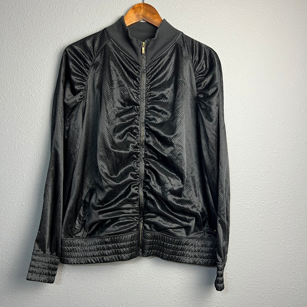 Champion Satin Warmup Jacket XL Black Full Zip Ruched Athletic Activewear Track
